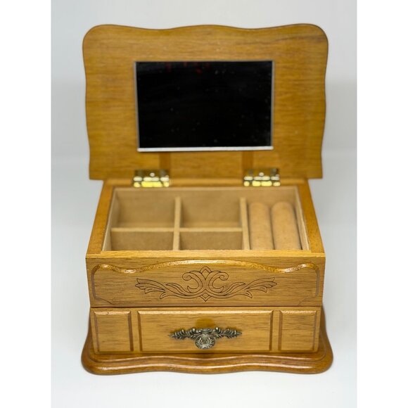 VTG Montgomery Ward Wood Jewelry Box 7.5x5 Rustic Floral Drawers Keepsake Chest - Picture 5 of 9